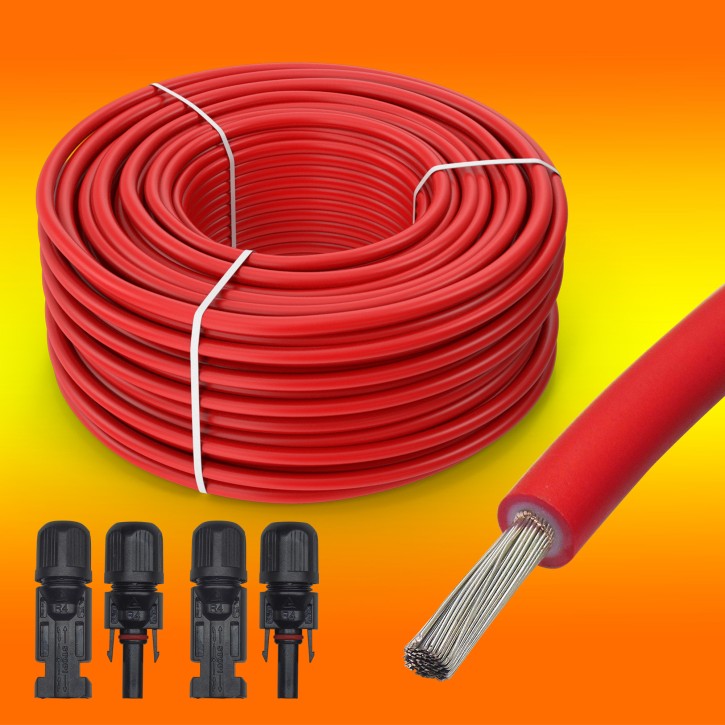 20m Solarkabel 6mm² rot Meterware mit 2 Paar Solarstecker